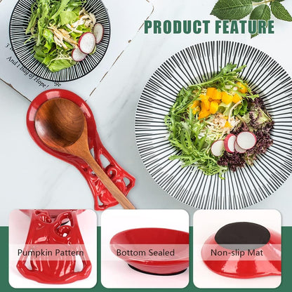 Sturdy Cast Iron Spoon Rest Holder for Stove Top, Unbreakable Kitchen Countertop Ladle Holder, Pumpkin Red