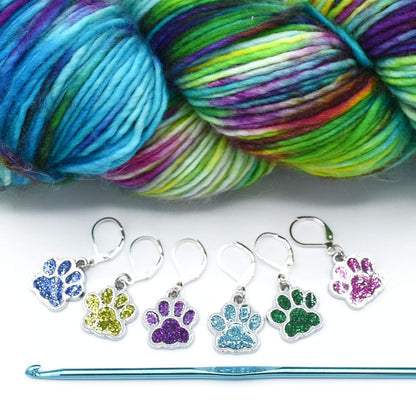 Pretty Warm Designs Sparkly Paw Print Crochet Stitch Markers - Dog and Cat Pet Lover Progress Keepers for Amigurumi - Set of 6 Handmade Accessories in Hinged Storage Tin