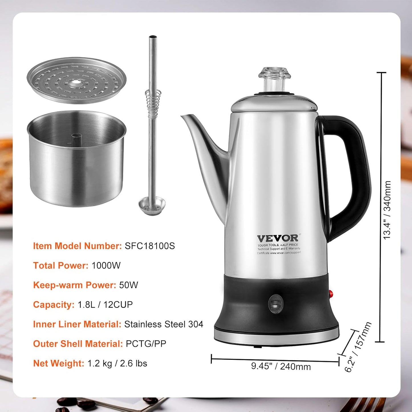 12-Cup 304 VEVOR Electric Percolator Coffee Pot, Stainless Steel Body Coffee Percolator with Keep Warm Function