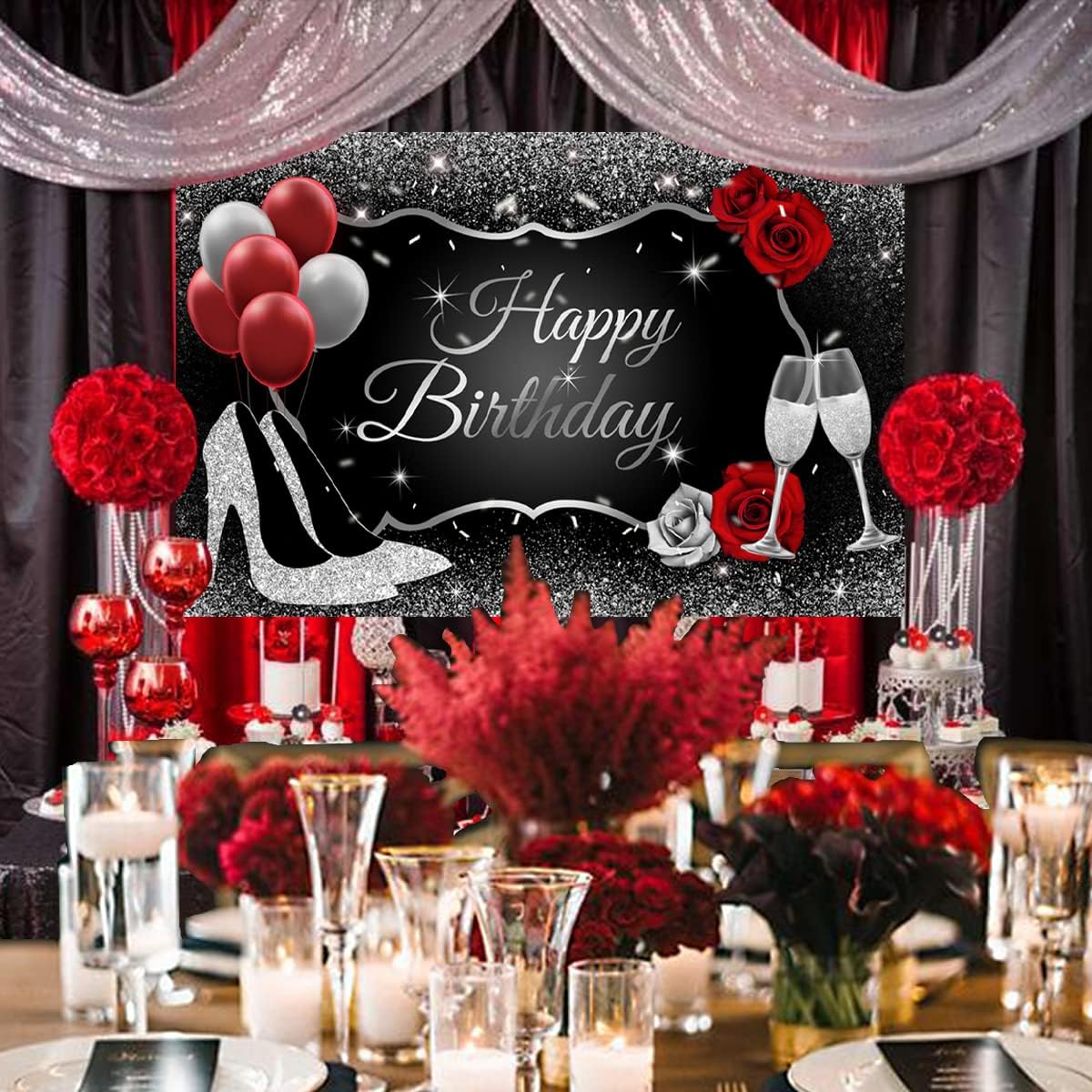 JOYMEMO Red Black and Silver Party Decorations, Women's Birthday Supplies with Balloon Garland and Backdrop