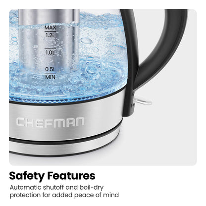 CHEFMAN Electric Kettle - 1.2L 1500W Hot Water Tea Pot with Infuser, BPA Free, Auto Shut Off, Boil-Dry Protection, Removable Lid, LED Light, Cordless Glass Electric Tea Kettle – Stainless Steel