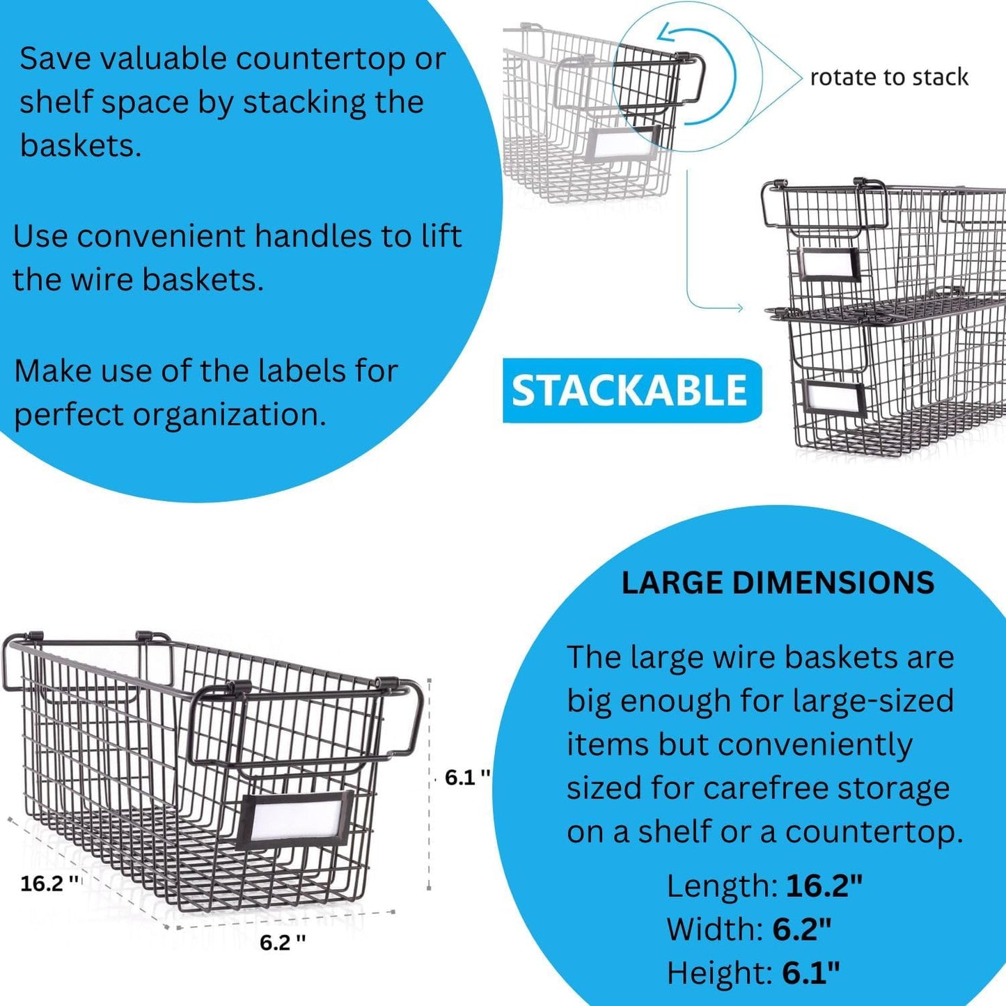 Granrosi Large Stackable Wire Baskets for Organizing, Set of 2 Snack & Chips Organizer for Pantry, Bronze Wire Baskets