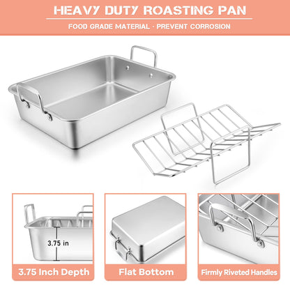 Leonyo Large Turkey Roasting Pan with V-shaped Rack, Rectangular 16 x 11.5 Inch Stainless Steel Turkey Roaster Pan with Rack Heavy Duty for Chicken Lasagna Vegetables Brownie, Dishwasher Safe, 2Pcs