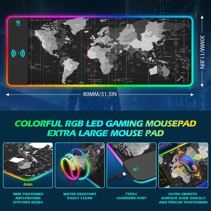 ToLuLu RGB Gaming Wireless Charging Mouse Pad, 5/7.5/10/15W 10 Light Modes LED Mouse Pad Computer Keyboard Mat Mousepad, 800x300x4MM Extended Large Desk Mat for Gaming, MacBook, Laptop, PC, Galaxy