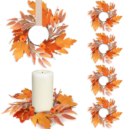 6 Pcs Mini Fall Wreaths Thanksgiving Table Centerpieces Fall Candle Rings 9 Inch Maple Leaf Wreaths for Cabinets Farmhouse Autumn Wreath for Front Door Porch Wall Window Decorations
