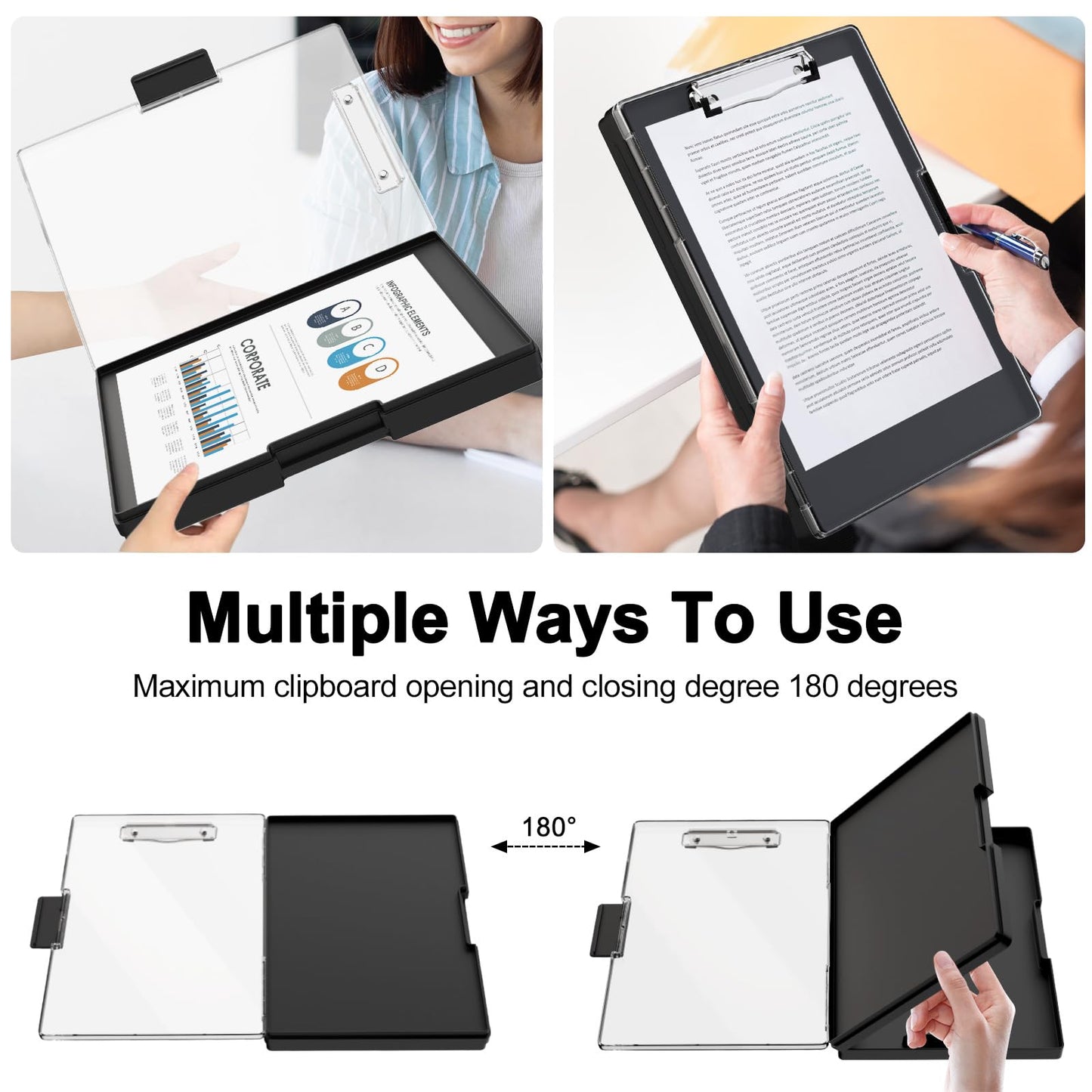 Piasoenc Clipboard with Storage, 8.5 x 11 Clip Boards with 2 Storage Case and A4 Paper Folder, Clear Dry Erase Top Panel, Heavy Duty Plastic, Folio & Side Opening, for Nurses, Teachers, Lawers,Black