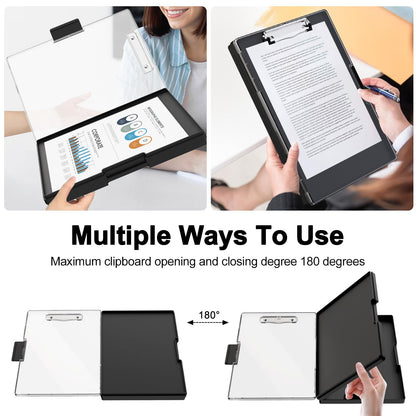 Piasoenc Clipboard with Storage, 8.5 x 11 Clip Boards with 2 Storage Case and A4 Paper Folder, Clear Dry Erase Top Panel, Heavy Duty Plastic, Folio & Side Opening, for Nurses, Teachers, Lawers,Black