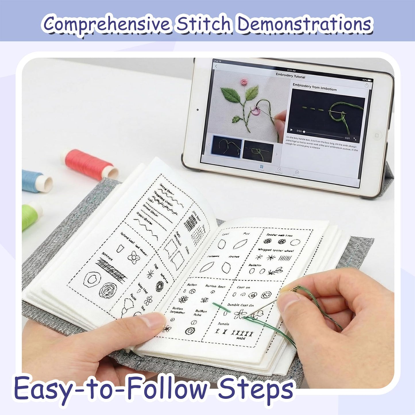 majusaccessory Embroidery Stitch Book Kit for Beginners,106 Patterns & 27 Full Tool Set with Video Instructions, Portable All in One Kit for Stress Relief & Relaxation, Perfect for Leisure Time, Gift