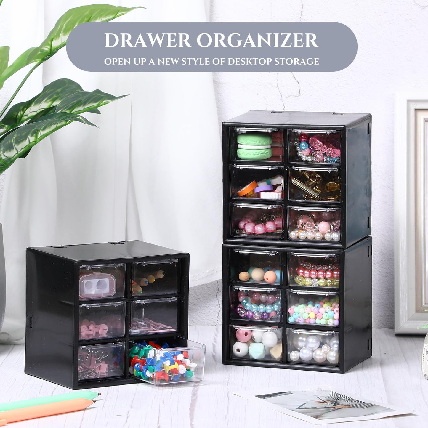 Patelai 6 Pcs Mini Desktop Drawer Box Drawers 6 Grid Plastic Desk Organizer Office Supplies and Jewelry Storage Box for Jewelry Cosmetics Hair Clip Sundries, Black