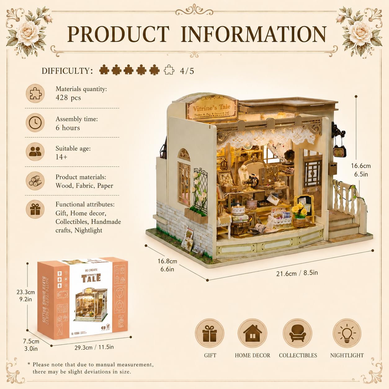 Roroom DIY Miniature Doll House with Furniture Dollhouse Kit for Adults and Teens,Booknook Tiny House Bookshelf Decor Mini 3D Wooden Puzzle, Gifts for Family, Friends (Vitrine's Tale)