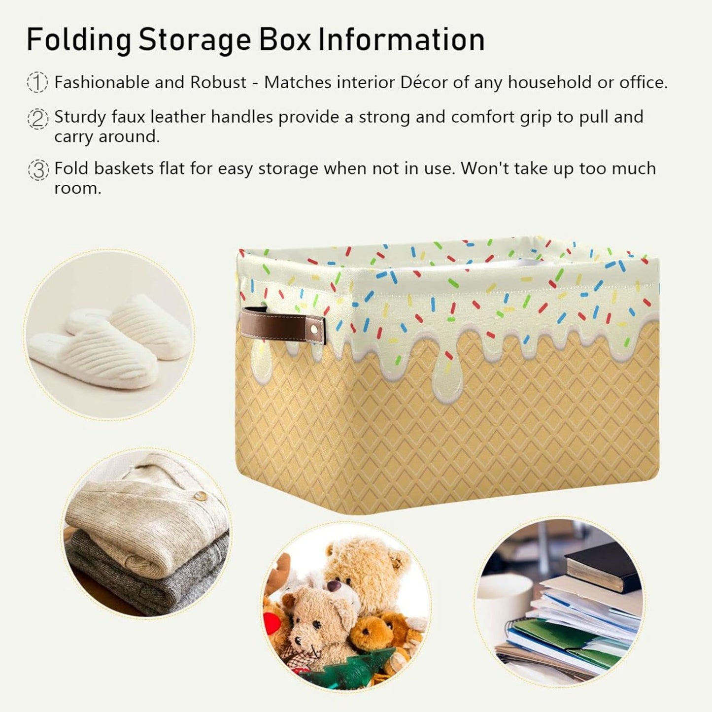 Ice Cream Texture Storage Basket Bin, Large Cube Canvas Collapsible Storage Organizer for Home Office Closet - 15 L x