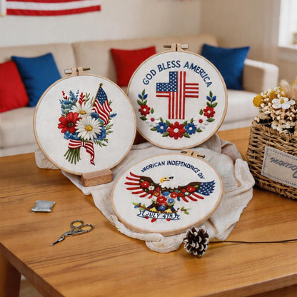 BBLYBD 4th of July Embroidery Kit, 4 Set Patriotic Cross Stitch Craft Kits for Beginners with Pre-Printed Embroidery Fabric, Hoops, Step-by-Step Instructions, Color Threads & Needles (Red White Blue)