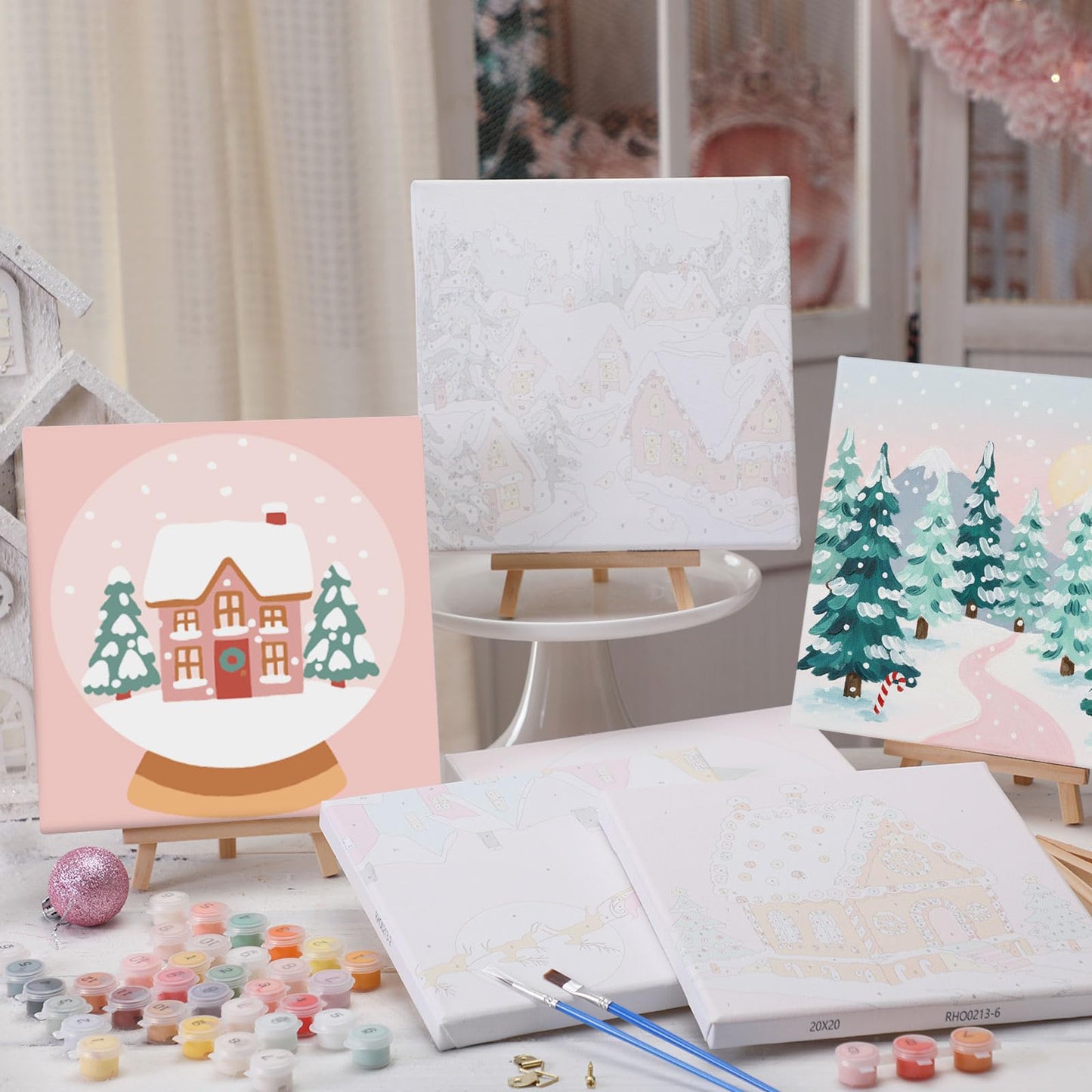 YooNotee 12 Pack Valentine's Day Paint by Numbers Kit - 8 x 8 Inches Pink Themed DIY Canvas with Wooden Display Easel, Brushes and Paints 6 Designs for Adults Family Holiday Decor