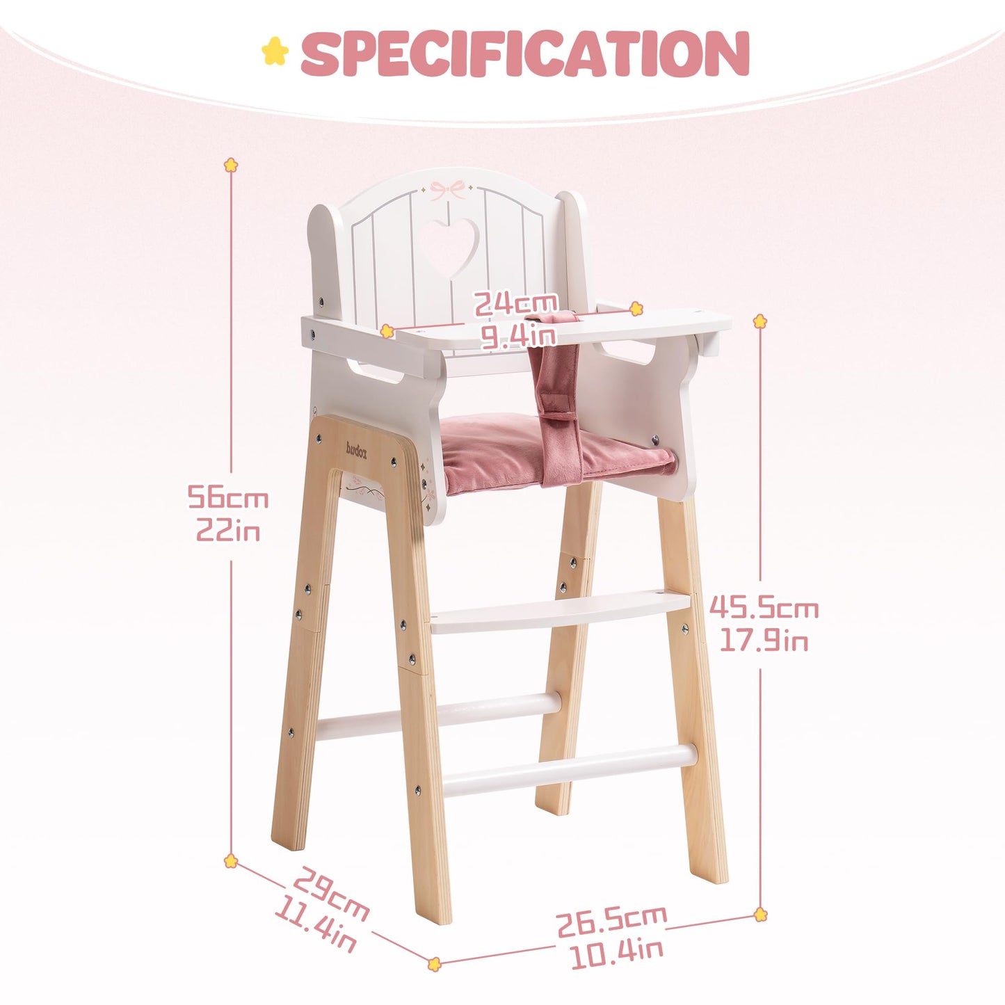 ROBUD Play High Chair, Pretend Play High Chair with Cushion, Movable Table, Wooden Baby Doll Accessories, Fits 18-20 Inch Dolls, White
