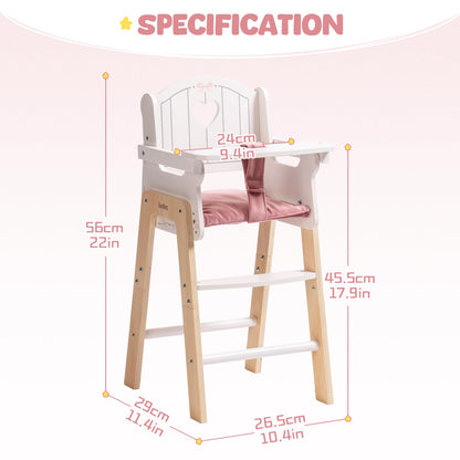 ROBUD Play High Chair, Pretend Play High Chair with Cushion, Movable Table, Wooden Baby Doll Accessories, Fits 18-20 Inch Dolls, White