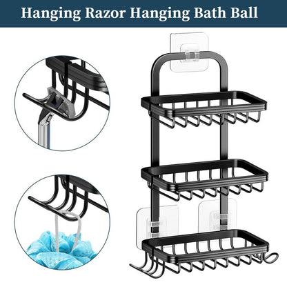 3 Tier Soap Bar Holder for Shower, Aluminum Wall Mounted Rustproof Soap Holder with 4 Hooks and Razor Holder, Shower Rack Soap Tray Bar Soap for Bathroom Accessories Organizer Black
