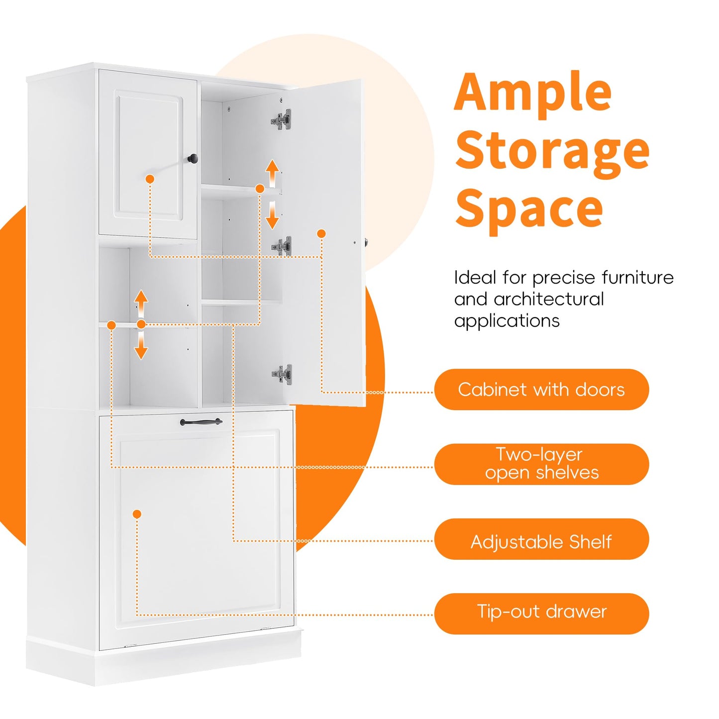 68" Tall Bathroom Storage Cabinet with Two Doors and Tilt-Out Laundry Hamper for Home Display Organizer, Adjustable Shelf, White