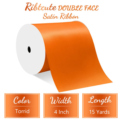 Ribtcute Double Faced Orange Satin Ribbon 4 Inch Orange Satin Ribbon for Gift Wrapping,Flower Bouquet,Bows,Crafts,Wedding,Invitation,15 Yards