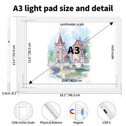 Heanolier Rechargeable A3 Light Box Drawing Pad,5600 Lux Bright Magnetic Tracing Board,Dimmable Light Pad,3 color modes,light board for Diamond painting,light table for Drawing Sketching,Tattoo(White)
