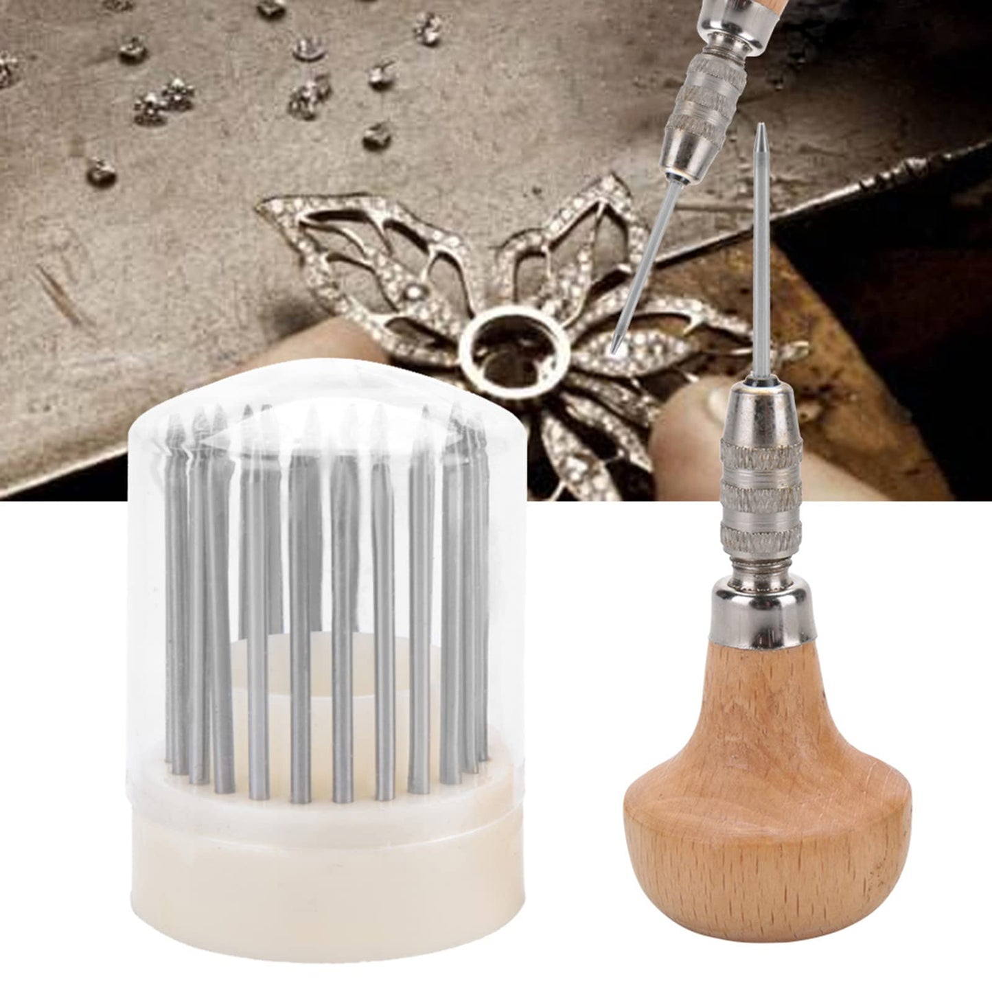 CYTGOUPER Beading Tools Set,23 Pcs Jewelry Engraving Tools Set with Wooden Handle,Metal Beading Tools for Stone Setting,1-23mm Concave Tip Beaders for Diamond Pearl Setting,Craft Engraver Pen