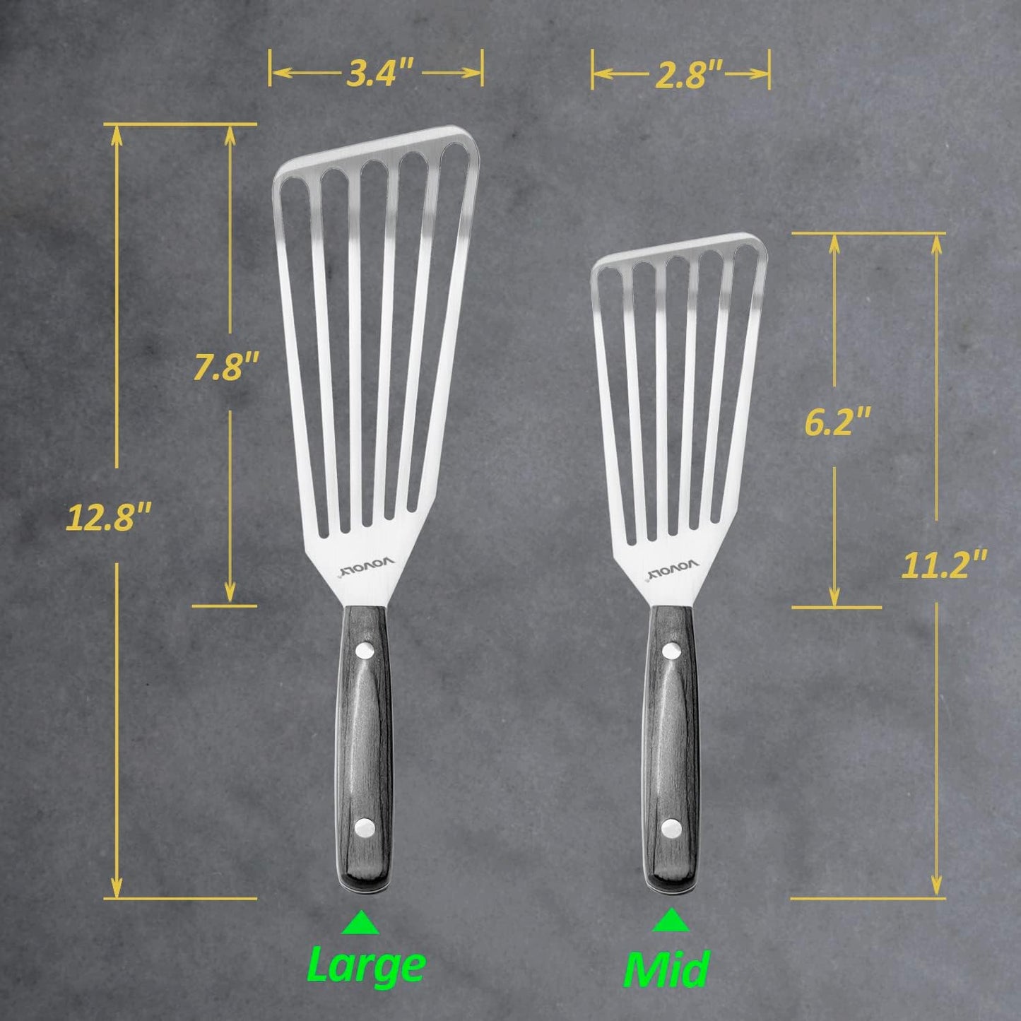 2 Pack Stainless Steel Fish Spatula Turner, Slotted Spatulas for Flipping, Turning, Frying & Grilling, Wooden Full Tang