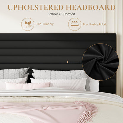 SHA CERLIN King Size Platform Bed Frame with Adjustable Headboard, Velvet Upholstered Bed with Under-Bed Storage, Modern Horizontal Channel Tufted, Wood Slats Support, No Box Spring Needed, Black