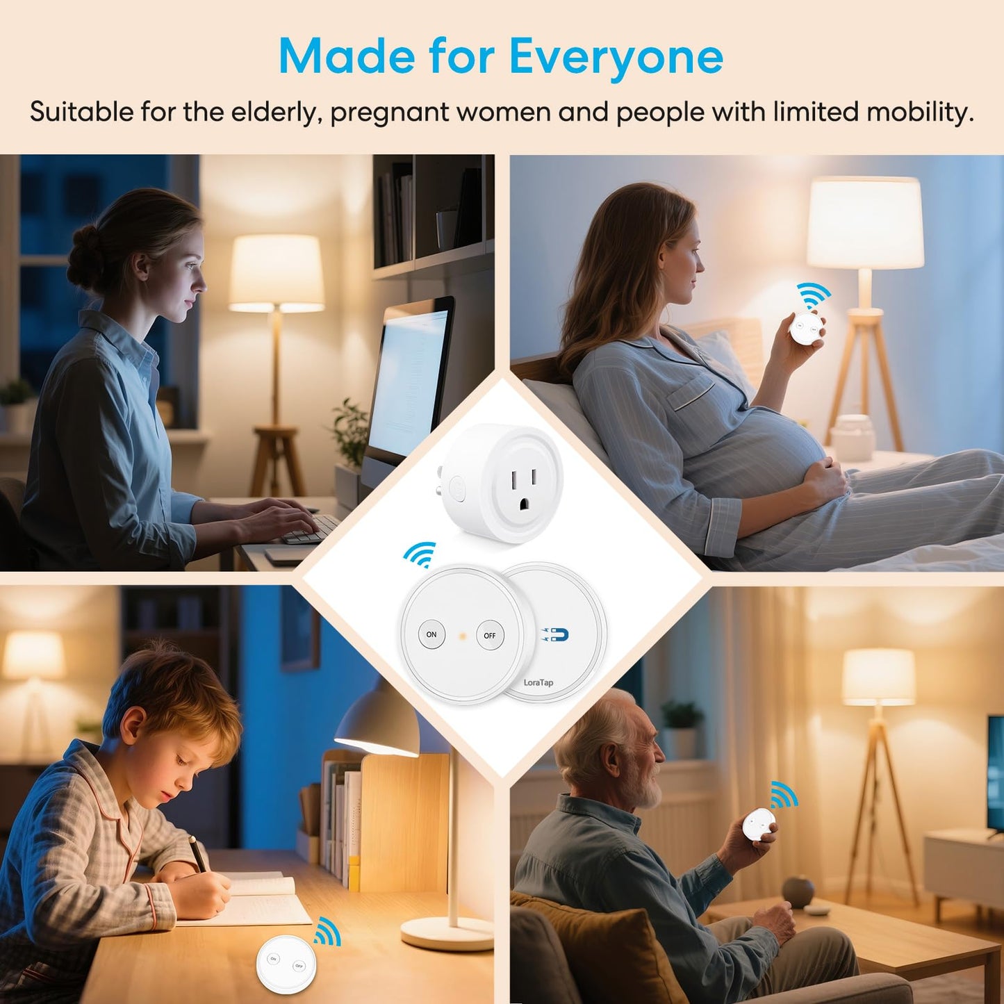 LoraTap Mini Remote Control Outlet Plug Adapter, 656ft Range Wireless Light Switch for Household Appliances, No Hub Required, 10A/1100W, White