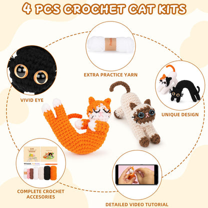 Crochet Kit for Beginners - 4 PCs Cat Crochet Kits with Step-by-Step Video Tutorials, Beginner Crochet Kit for Adults Kids, Learn to Crochet Animal Kit, Creative Crochet Gift for Cat Lovers