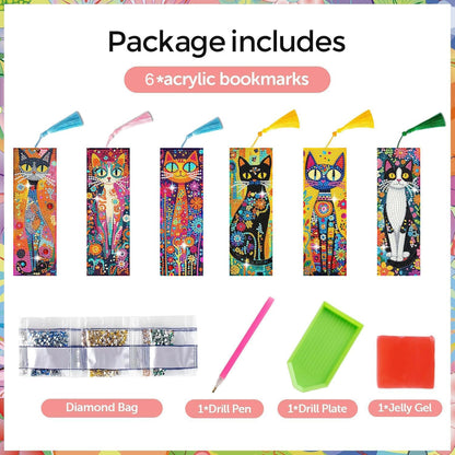 Puraikcmi 6 PCS 5D DIY Diamond Art Bookmarks Kit Cats Diamond Paintings Bookmarks Kits with Tassels Acrylic, Rhinestone Crafts Decoration Gift Set for Book Lovers Beginners & Adults