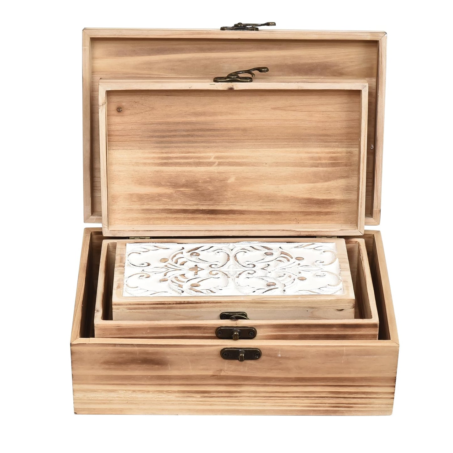 DECOR4SEASON Wooden Box Set of 3 - Rustic Farmhouse Decorative Boxes with Hinged Lid and Carved Design
