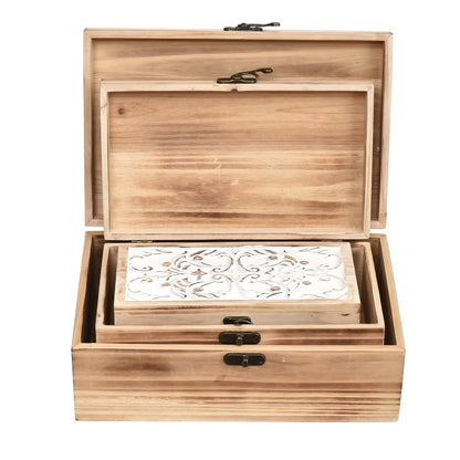 DECOR4SEASON Wooden Box Set of 3 - Rustic Farmhouse Decorative Boxes with Hinged Lid and Carved Design