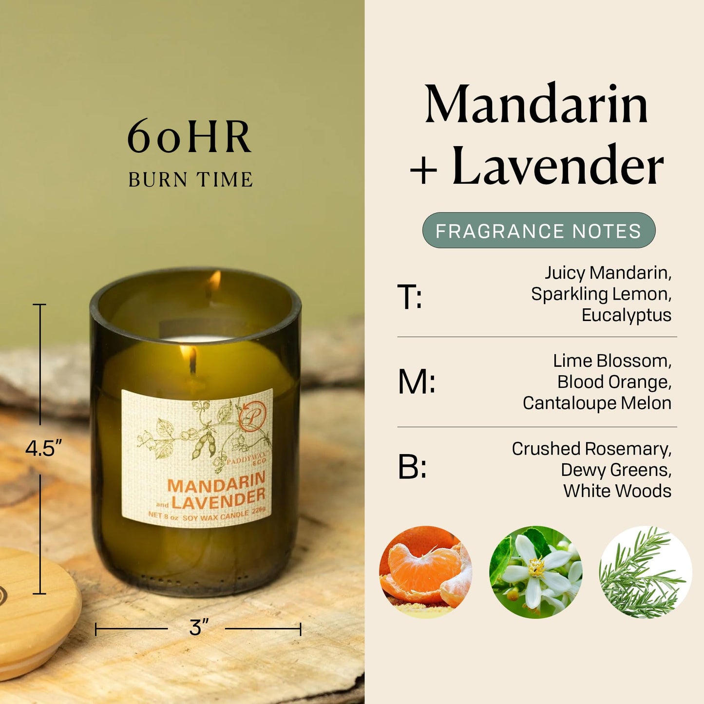 Paddywax Eco Collection Scented Soy Wax Candle in Glass Jar, Mandarin & Lavender Fragrance, Green Vessel with Wood Lid, 8 oz