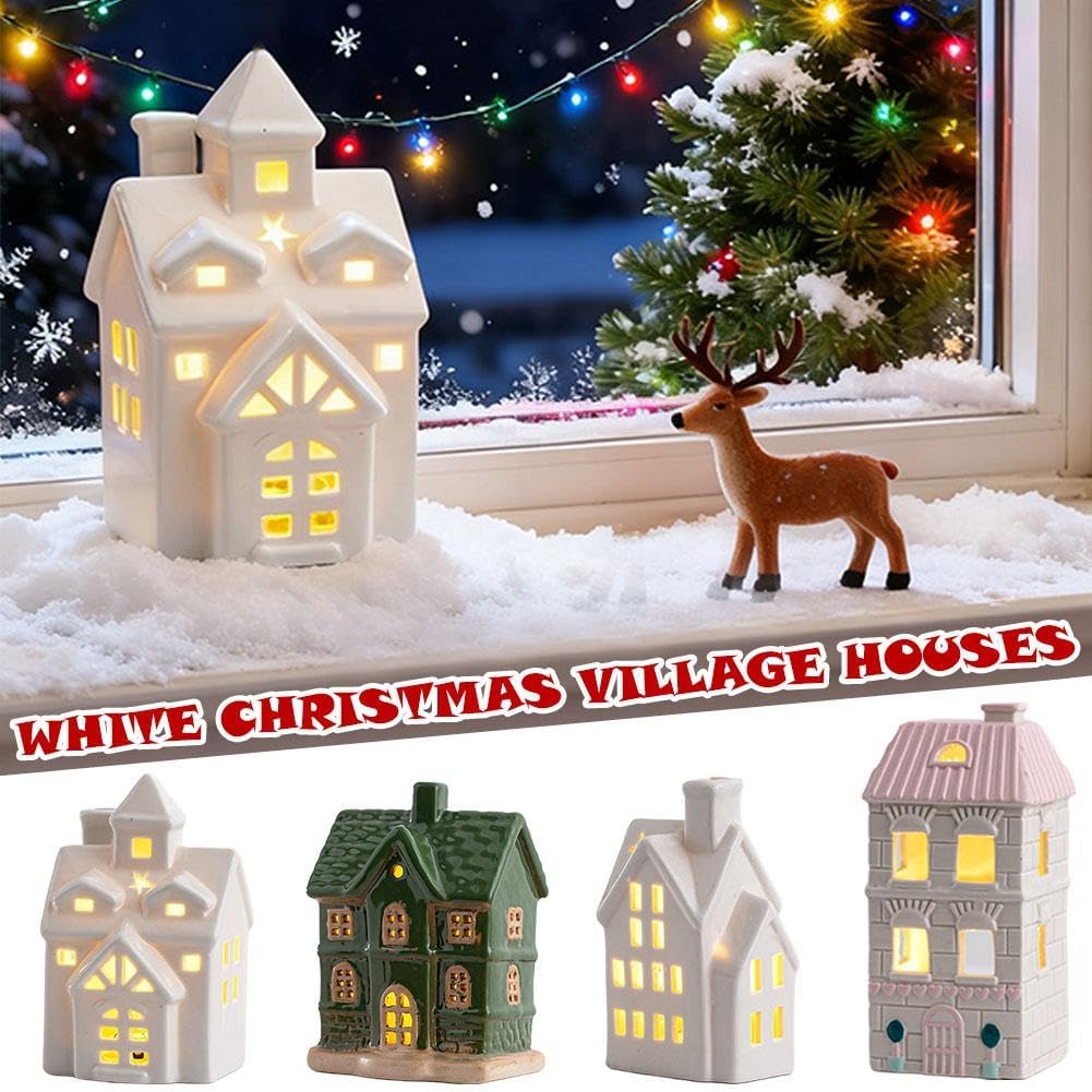 Skiennix Christmas Village House - Light Up White Ceramic Decor for Tabletop Centerpiece (Green)
