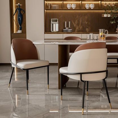 Wisfor Dining Chairs Set of 2: Faux Leather Upholstered Makeup Chair with Arched Backrest - Armless Vanity Chairs with Metal Legs for Kitchen Living Room Bedroom (Reddish Brown and Beige)