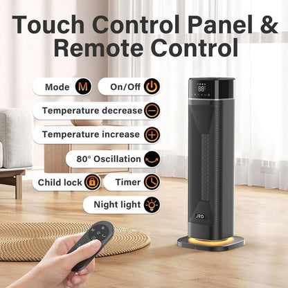 24" Space Heater, JRD Fast Heating Portable Electric Heater with Remote, Night Light, 80° Oscillation,4 Mode, Overheat&Tip-Over Protection, Ceramic Heat for Bedroom Office Indoor