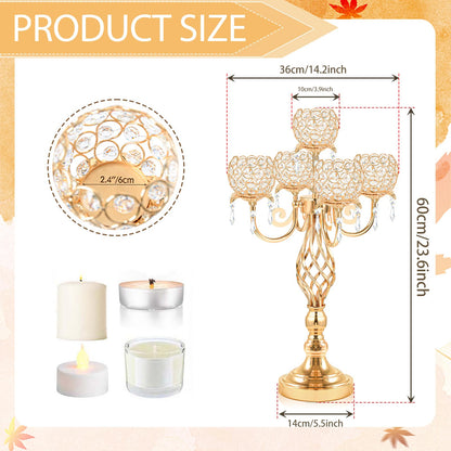 Kehail 5-Arm Crystal Candelabra Centerpiece 23.2" Tall - Elegant Candle Holder Stand with Crystal Bowl, Chic Table Decor for Weddings, Parties, Anniversary & Home Decoration (4, Gold)