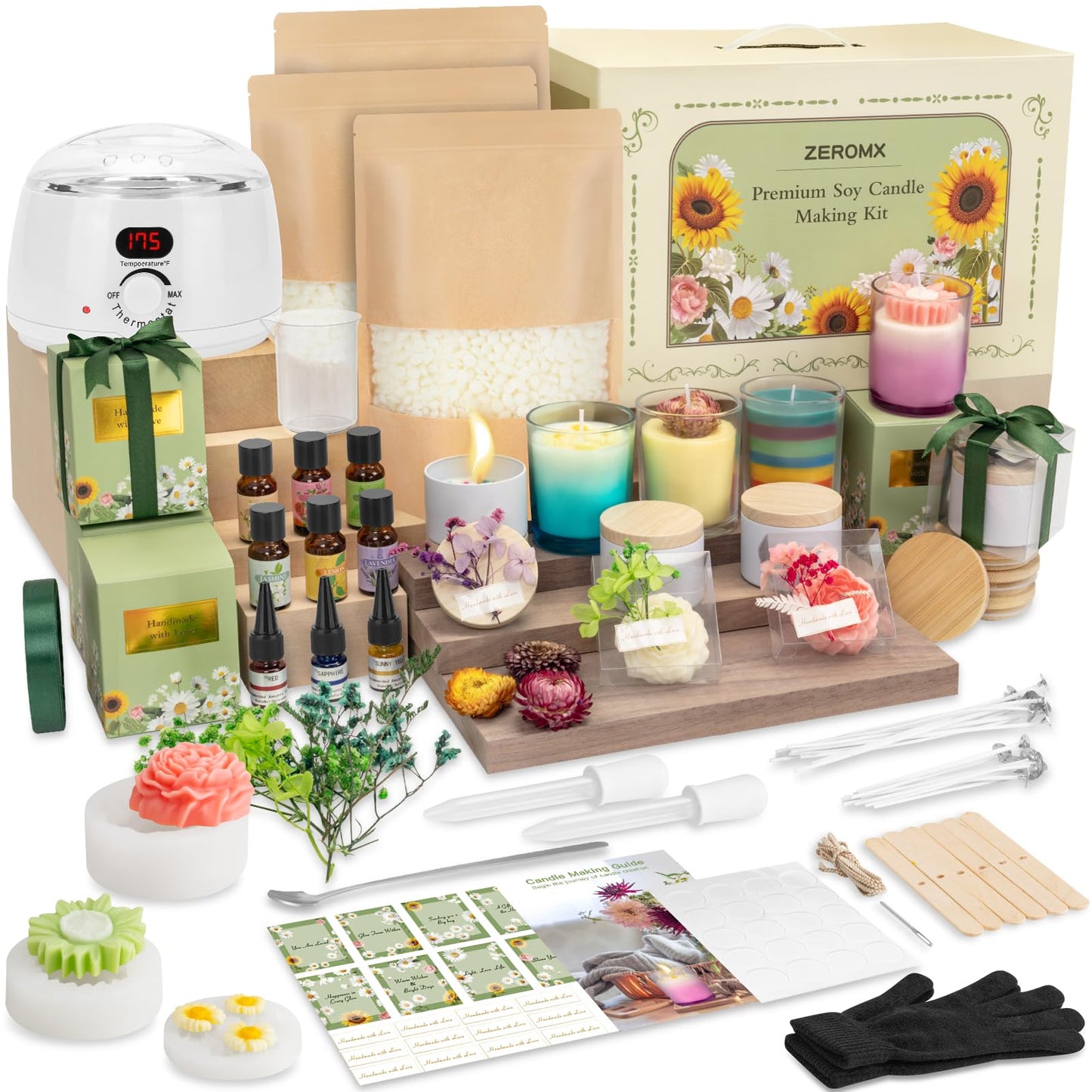 ZEROMX Candle Making Kit for Adults Beginners – 1200g Soy Wax, Digital Wax Melting Pot, Floral Candle Molds, Gift Boxes, Premium Candle Making Supplies, Complete DIY Set, Christmas Craft Gifts