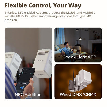 Godox ML80Bi LED Video Light Bi-Color, 100W 2800K-6500K, 29600Lux@1m CRI96+ TLCI96+, APP Control, USB-C, w/ML-Z Reflector & 95Wh Battery, 11 FX 0-100% Dimming for photography, with AD-S60S Softbox Kit