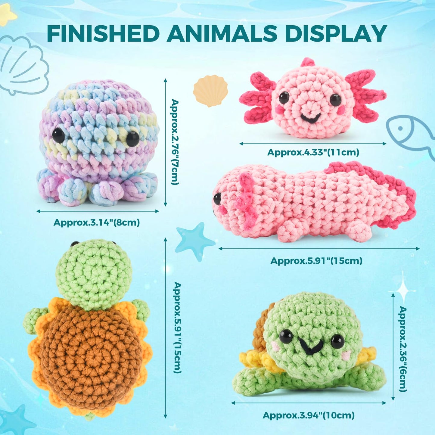 Crochet Kit for Beginners, 5 Pack Amigurumi Beginner Crochet Kits Animals, Crochet Turtle Axolotl Octopus Crocheting Kit, Easy Knitting Kit for Beginners with Step-by-Step Video Craft Kits for Adults