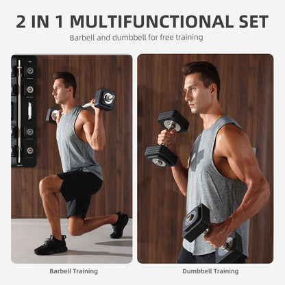 DHT Adjustable Dumbbells, Wall-Mounted Dumbbell Barbell Set with Rack, Free Weights Dumbbells, All-Purpose Fitness, Anti-Rolling, Weights Set for Home, Gym, Office, 2.2-50 lbs, 2 in 1 Black