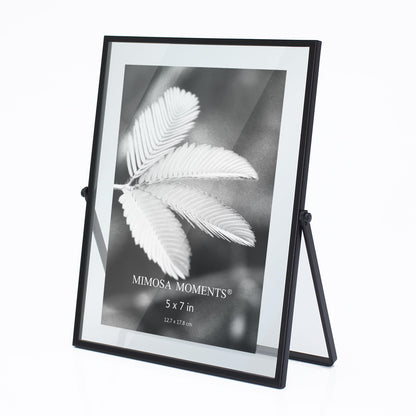 MIMOSA MOMENTS 5x7 Black Metal Floating Picture Frame, Double Glass Tabletop Display, Modern Minimalist Photo Frame for Home & Office Decor