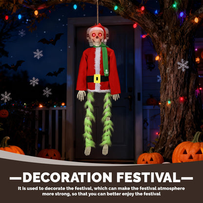 PUIWNON 4.1ft Hanging Skeleton Santa Decoration Light-Up Christmas Halloween Outdoor Decor for Garden Lawn Porch Party