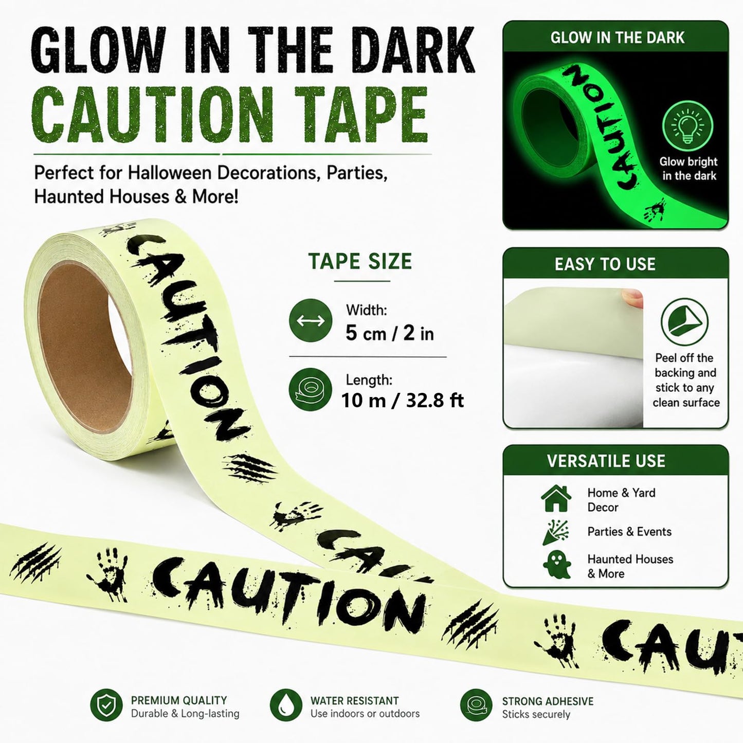 Zeptrix Glow in The Dark Halloween Decorations Caution Tape 2inx32.8ft Scary Warning Glow Tape Roll Indoor Outdoor Barricade Safety Night Decor Spooky DIY Home Party Door Danger Zones Office Yard