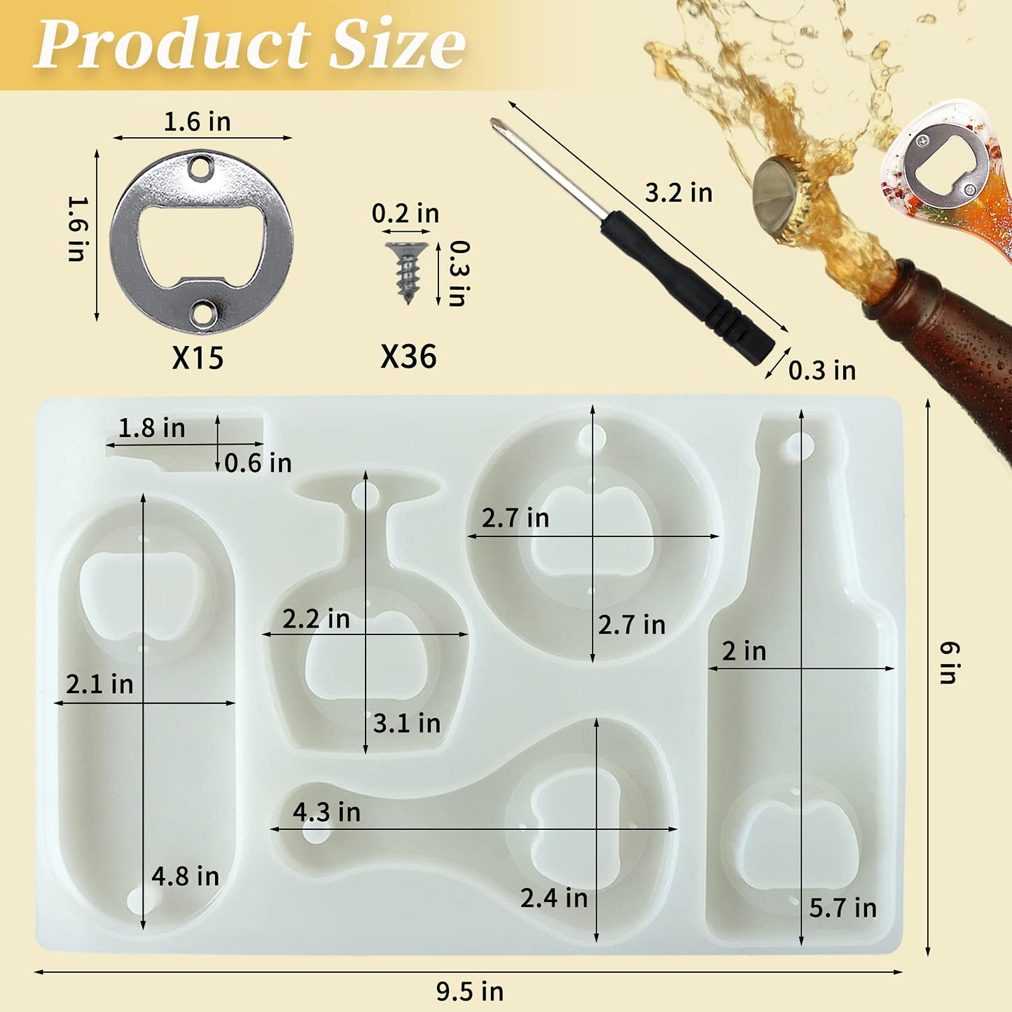 Bottle Opener Resin Molds, Lovppy Beer Opener Silicone Molds, Epoxy Resin Casting Molds, Beer Spanner Kit with Screwdriver and Patch, DIY Jewelry Craft Mold for Bottle Opener Keychain Wine Corkscrew