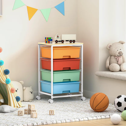 Utility-Rolling-Storage-Drawer-Craft-Cart-Organizer with 4 Drawers and Wooden Tabletop & Lockable Wheels for Home Office, Bedroom, Kids Room, Classroom, 4 Tiers Under Desk Drawer Cart, Macaron