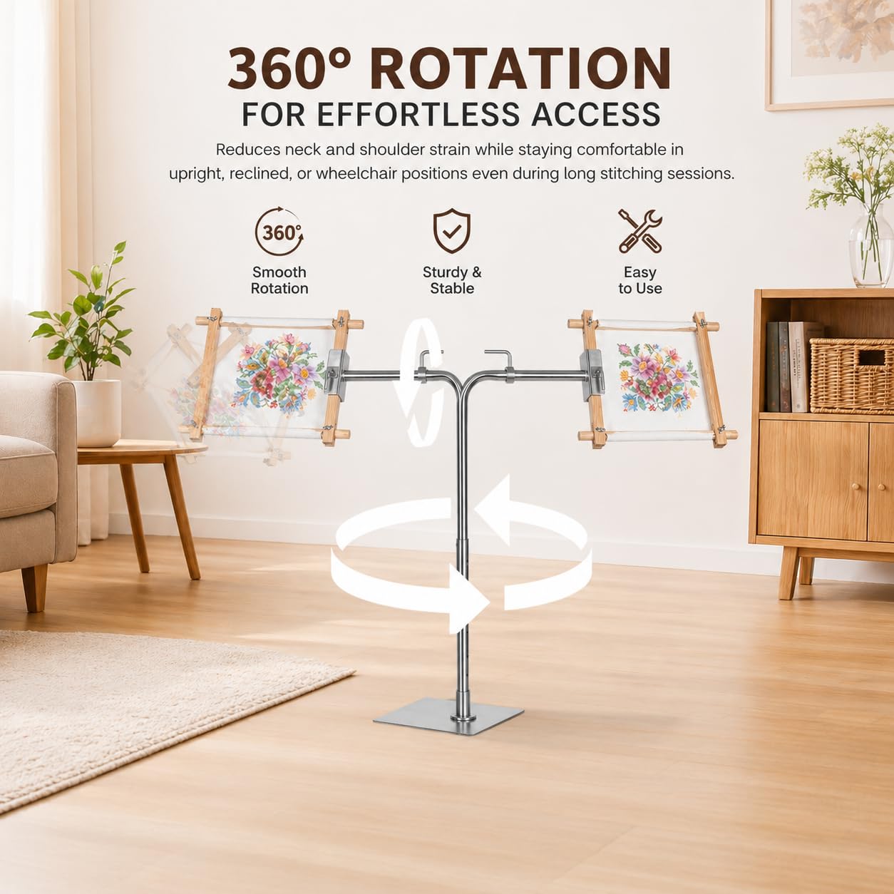 Workstand with Side Clamp for Lowery Stands, 360° Adjustable Needlepoint Stand with Dual Anti Slip Pads, Metal Embroidery Stand Frame Holder, Fits Q Snap Frames and Scroll Rods up to 20" Wide