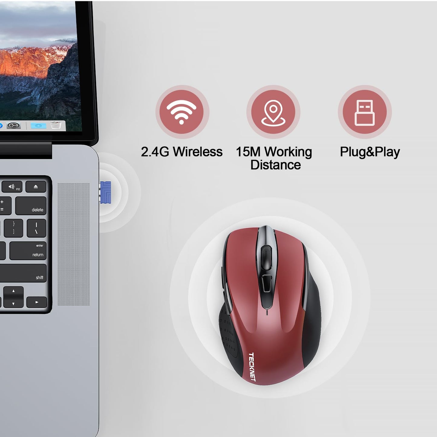 TECKNET Wireless Mouse Rechargeable, 2.4G USB-A Silent Mouse, Quiet Click, 6 Adjustable 4800 DPI, Cordless Computer Mice, Ergonomic Mice for Laptop, 6 Buttons for Chromebook, Ergo Grip - Black