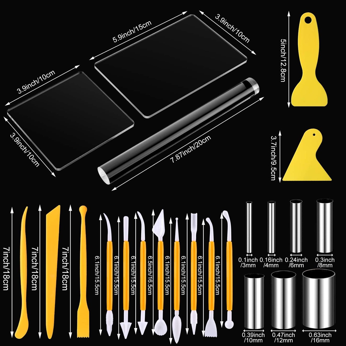 Honoson 24 Pcs Clay Sculpting Tools Kits Polymer Clay Tools DIY Set with Roller, Acrylic Sheet, Scraper Backing Board, Round Circle Shape Cutter, Shaping for Art Craft(Yellow)