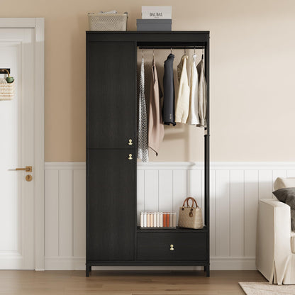 GAOMON Modern Armoire Wardrobe Closet, Wood and Metal Frame Clothes Storage Organizer with Double Closed Doors, Open Hanging Rod, Bottom Drawer, Freestanding Bedroom Furniture for Small Spaces, Black