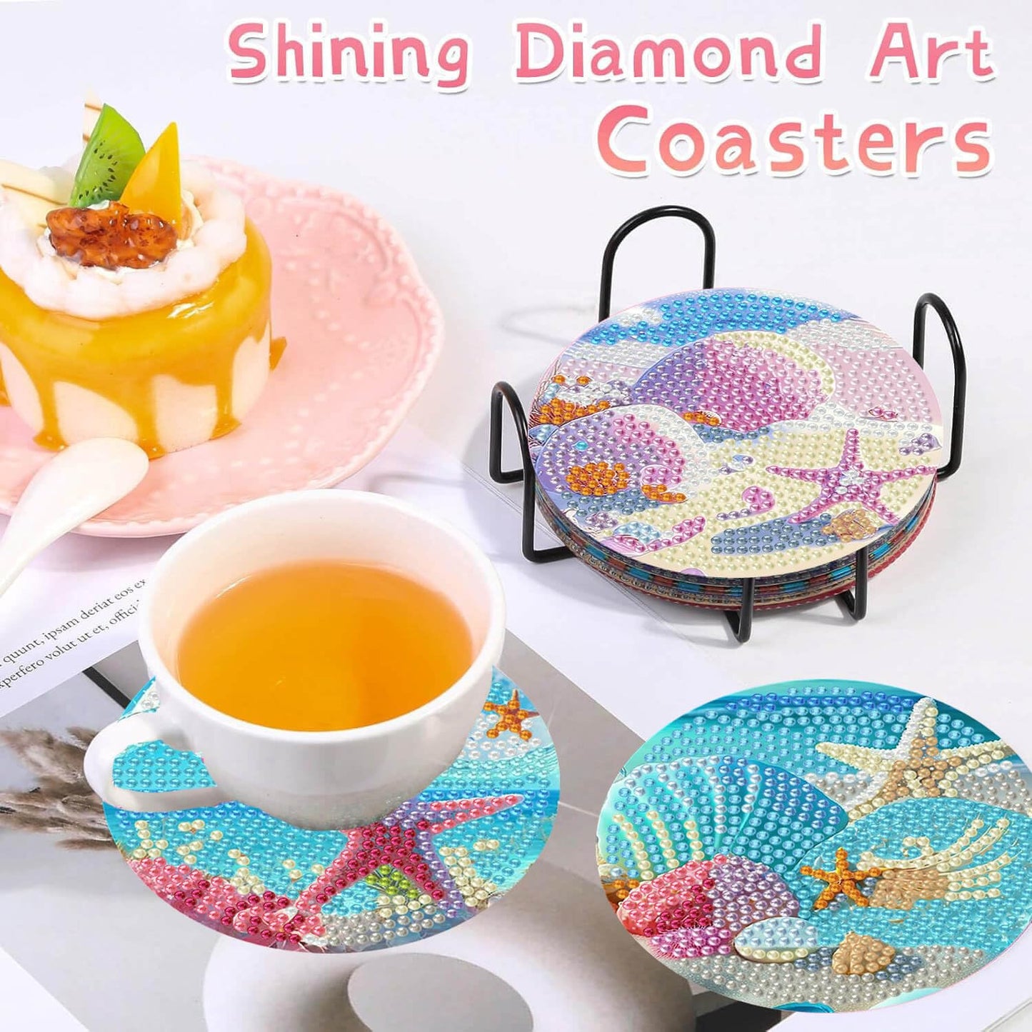 8 Pcs Beach Diamond Art Coasters with Cork Pads, 5D Shell Diamond Painting Coasters, Non Slip Diamond Art Kits for Adults-Crafts Supplies for Gift
